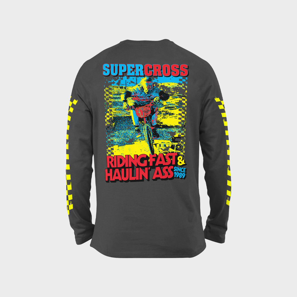 Supercross BMX Apparel - Riding Fast Hauling Ass Long Sleeve - Grey/ Yellow Back